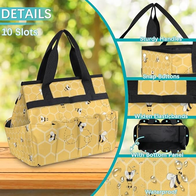 Honeycomb Bee Garden Tool Bag for Women Waterproof & Reusable Heavy Duty Gardening Tote Storage Organizer Toiletry Bag with 10 Pockets for Garden Lawn Yard Casual Camp
