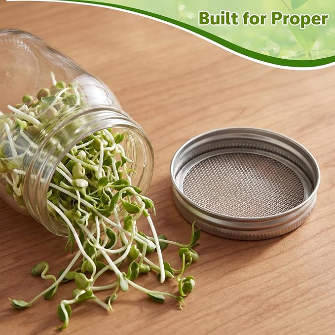 Sprouting Growing Lids for Wide Mouth Mason Jars,Sprouting Lids with 3 different orifice sizes,Alfalfa & Mung Bean Sprouts Grow Kit,L,M,S Strainer mesh(9 Pcs,Silver,Stainless Steel)