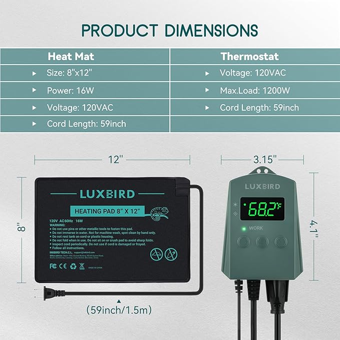 Luxbird Reptile Heating Pad 8" X 12" with Digital Thermostat Combo Under Tank Terrarium Heating Mat for Turtles, Lizards, Frogs, and Other Reptiles