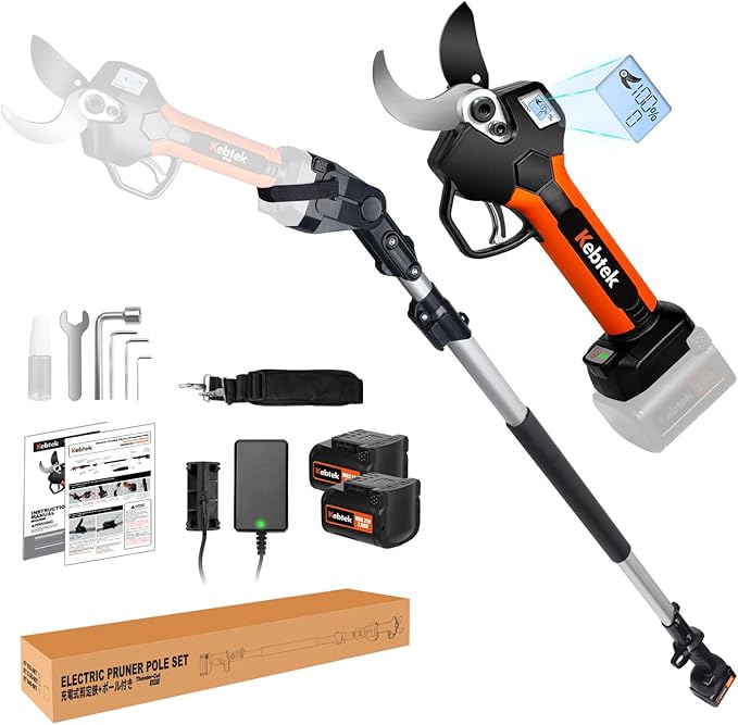 2 In 1 Electric Pruning Shears 40MM, Kebtek Cordless Pruner with Extension Pole 21V Brushless Motor 2Pack 2AH Rechargeable Battery-LCD Display Screen (KT940 Pruner+Pole Set)