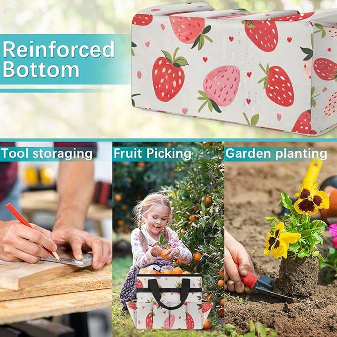 Strawberries Gardening Tool Bag,Heavy Duty Garden Tote Bag,Portable Oxford Gardening Storage Basket Organizer Handbag with Pockets Handle,Hand Tools Gifts for Outdoor Garden Lawn Yard