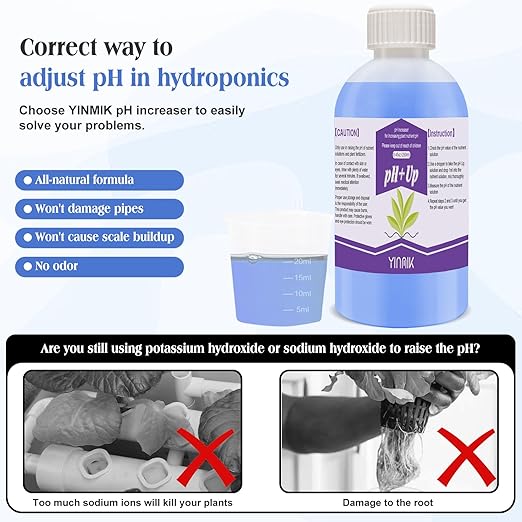 YINMIK General Hydroponics pH Up Liquid, pH Control Liquid Increase pH Levels, 250ml Premium Buffering for pH Stability,Suitable for All Hydroponics Feeding Systems, Both for Soil and Water