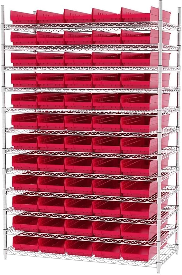 Akro-Mils 30184 Plastic Shelf Bins, Heavy Duty Storage Bins for Garage, Closet, and Drawer Organization, 24" x 8" x 4", Red, 6-Pack