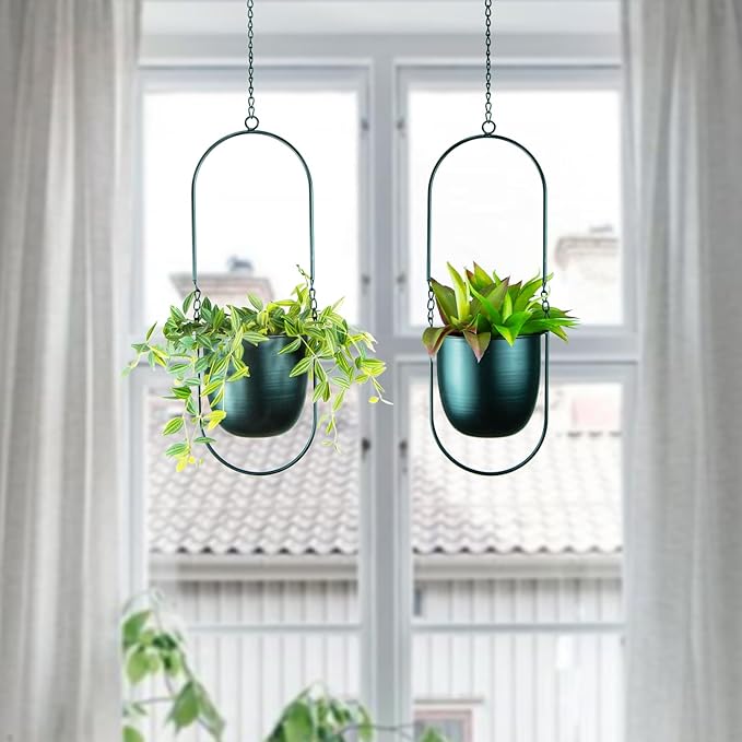 Metal Oval Hanging Planter, Set of 2 Black Geometric Plant Hangers with 6 inch Flower Pots in Oval Shape, Modern Wall and Ceiling Plant Holders for Indoor Outdoor Plants Home Décor