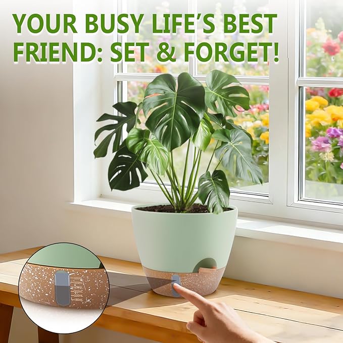 QRRICA Plant Pots 8/7/6.5/6/5.5/5 Inch Self Watering Pots, with Drainage Holes and Saucers,Water Level Indicator & Deep Reservoir,Large Plastic Planter for Indoor Out Door Plants (Green)
