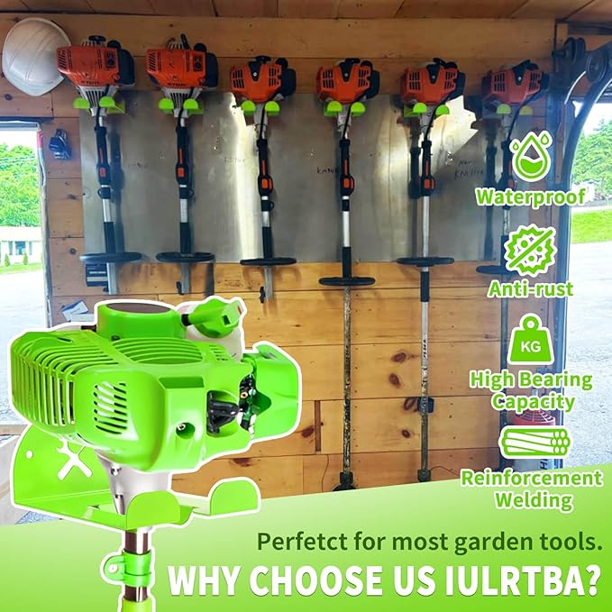 Upgraded Trimmer Rack Wall Mount - 8" Heavy Duty Weed Eater Hanger for Garage Wall, Garden Power Tool Holder Organizer Hooks for Grass Trimmer, Hedge Trimmer, Leaf Blower and Chainsaw, Green, 2 Pack