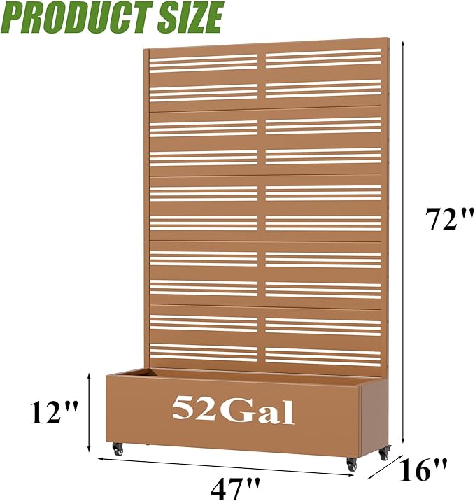 Casaphoria Metal Raised Garden Bed with Trellis and Wheels, 72"x47"x16" Arched Planter Box for Climbing Plants, Vegetables & Vines, Features Drainage Holes and Privacy Screen, Brown-Harold