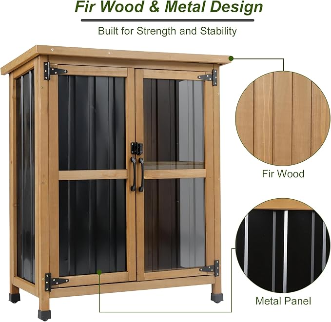 Outdoor Storage Cabinet, Wood & Metal Small Garden Tool Storage Cabinet with Weather-Resistant Asphalt Roof, Double Lockable Doors & Removable Shelves for Porch, Patio, Garden, Backyard