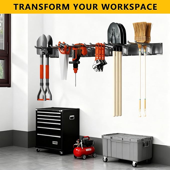 Garage Tool Organizer Wall Mount, 64inch Heavy-Duty Garage Storage System and Garden Tool Organizer with 12 Adjustable Hooks for Shovel, Snowboard, Yard Tools and Shed