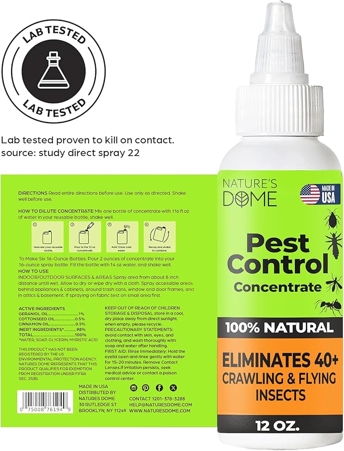 Nature's Dome 12 oz Pest Control Concentrate – Makes 1 Gallon – Eco-Friendly, Plant-Based Formula for Ant, Roach, Spider, Fly, Flea & Insect Control – Child & Pet Safe for Indoor/Outdoor Use