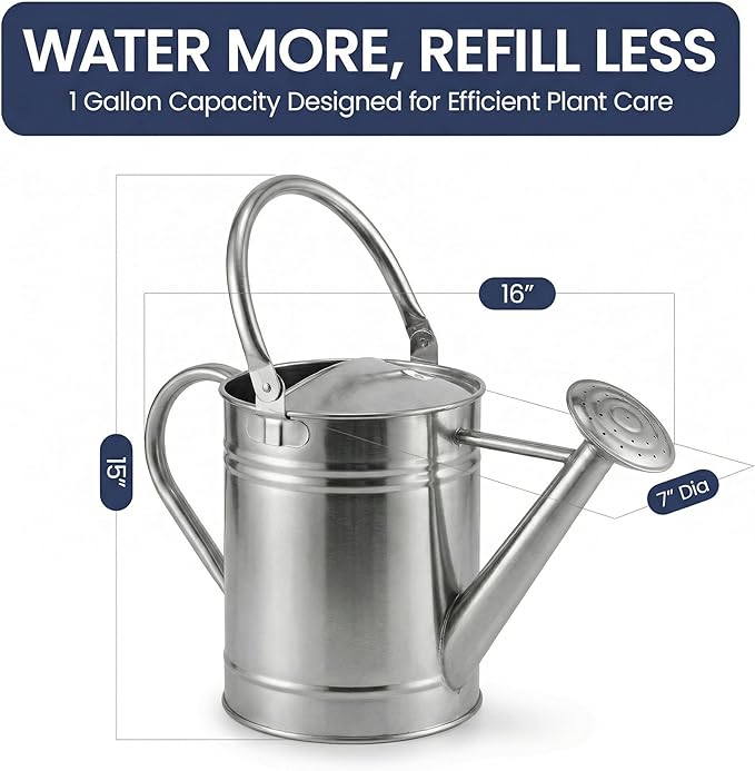 Gardenised 1 Gallon Galvanized Metal Watering Can with Removable Long Spout & Sprinkler Head for Indoor & Outdoor Use Ideal for Garden Flowers Plants Houseplants Modern Home Accessories, Silver- Tone