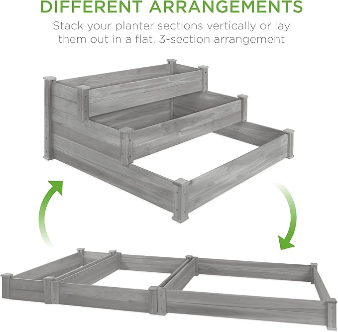 Best Choice Products 3-Tier Fir Wood Raised Garden Bed Planter Kit for Plants, Herbs, Vegetables, Outdoor Gardening w/Stackable & Flat Arrangement, Easy Assembly - Gray