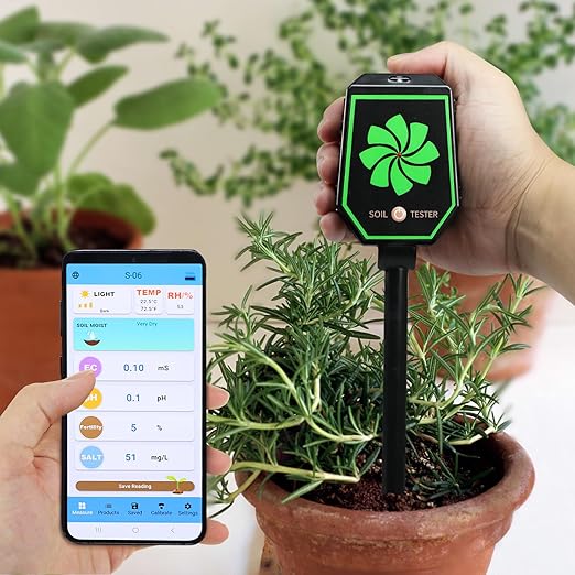8-in-1 Soil Meter with Bluetooth, Measures pH, EC, Salt, Fertility, Moisture, Temperature, Humidity & Light, App Control, Data Logging, Accurate Gardening & Farming Tool