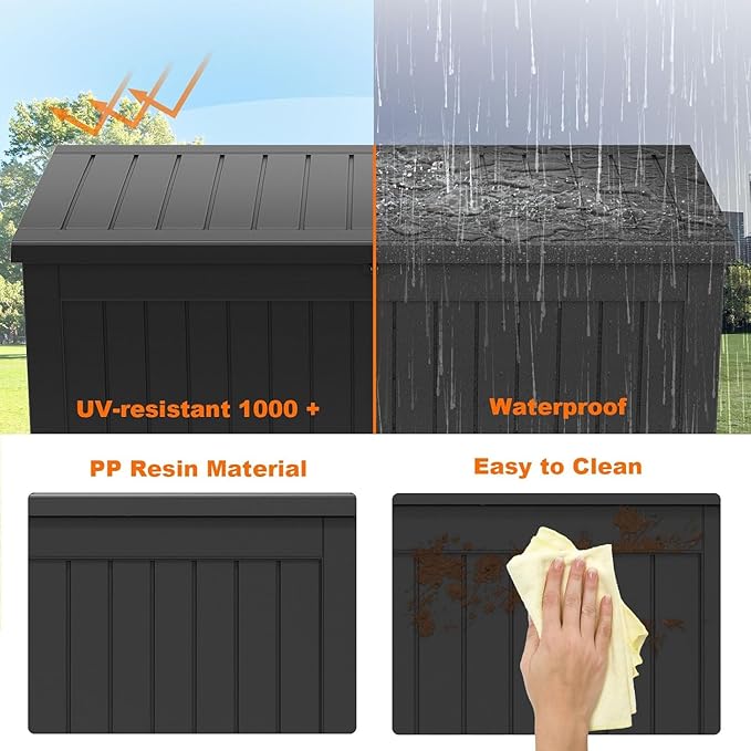 281 Gallon Outdoor Deck Box,Waterproof Resin Outdoor Storage Boxes, Outside Storage Lockable Container for Garden Tools,Indooor Cushions,Accessories (Black)