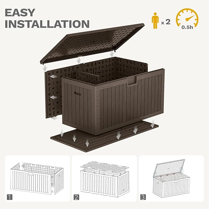 DWVO 230 Gallon Resin Outdoor Storage Box, XXL Double-Wall Waterproof Deck Box with Divider, Doubles as Table or Seating with 1000 lbs Capacity, Lockable (Brown)