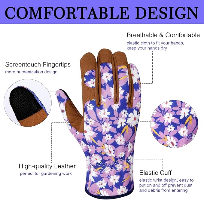 Leather Gardening Gloves for Women Thorn Proof Garden Gloves Touch Screen Working Gloves Gifts,M