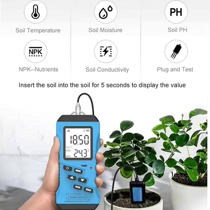 Soil Tester, 7-in-1 3in LCD Display High Sensitivity Handheld Soil PH Meter Kit, Soil Temperature Humidity Conductivity Nitrogen Phosphorus Potassium Moisture Meter for Agriculture