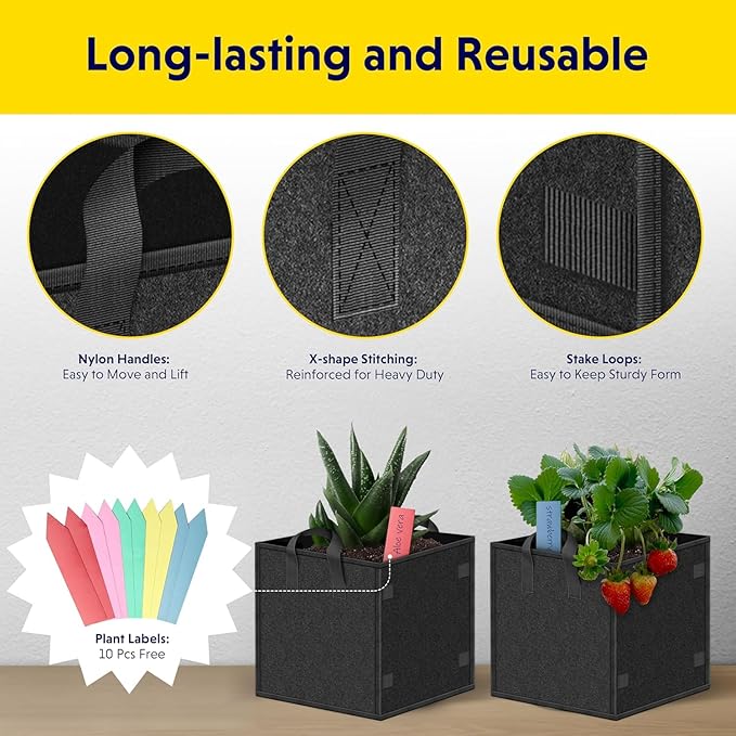 iPower 5-Pack 7 Gallon Square Grow Bags, Vegetable/Flower/Plant Fabric Pots with Handles, Heavy Duty Thickened Nonwoven Planting Bag, Black