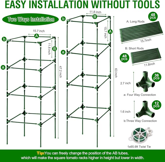 Fabulas Tomato Cage, Square Tomato Trellis Plant Support Stake Cages for Garden and Pots Tall Up to 63 Inch Adjustable Cucumber Trellis for Raised Bed Outdoor Climbing Plants Vegetables Flower, 3 Pack