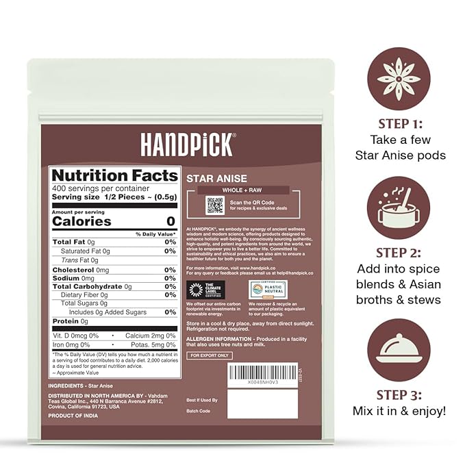 HANDPICK Star Anise Whole (200g/7oz) Gluten Free, 100% Raw Whole Chinese Pods, Premium Quality, Direct from Source, Packed in Resealable Zip Lock Pouch