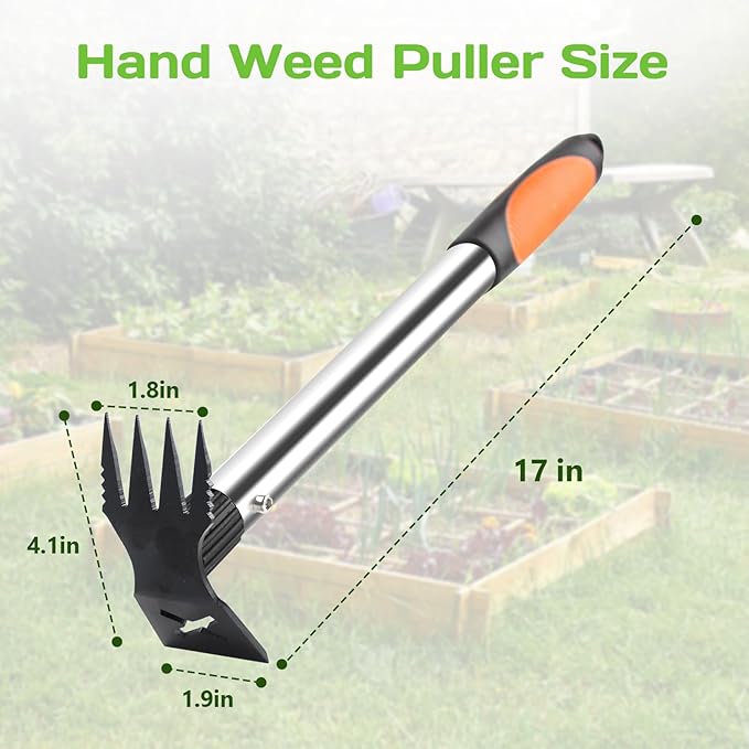 Upgraded 17" Weed Puller Tool, Portable Garden Weed Pulling Tool for Weeding Uprooting Planting, 2 in 1 Hoe & 4 Teeth Rake Manual Weeder, Durable Weed Remover Gardening Hand Tools for Yard Lawn Farm