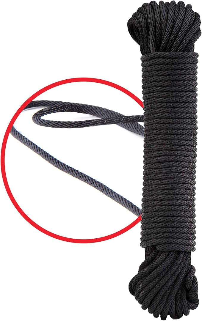 Rope Ratchet 1/8" 50 ft Braided Polyester Utility Cord, Weather Resistant Indoor Outdoor for Gardening, DIY Projects, Securing Loads, Binding, Knot Tying, Tarp Use, 75 lb Capacity - Black