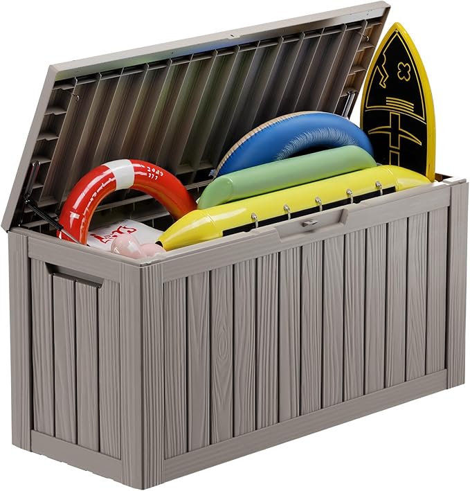 Vixzen 80 Gallon Resin Deck Box, Lockable Outdoor Storage Box for Patio Cushions Storage Furniture,Garden Tools, Pool Supplies, Weatherproof and UV Resistant（Grey，80 Gallon）