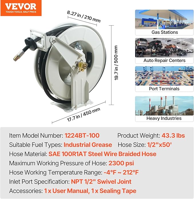 VEVOR Fuel Hose Reel, 1/4" x 50', Extra Long Retractable Grease Hose Reel, Spring Driven Auto Swivel Rewind, Heavy-Duty Carbon Steel Construction with Hose for Auto Repair, Heavy Industries, 5800 PSI