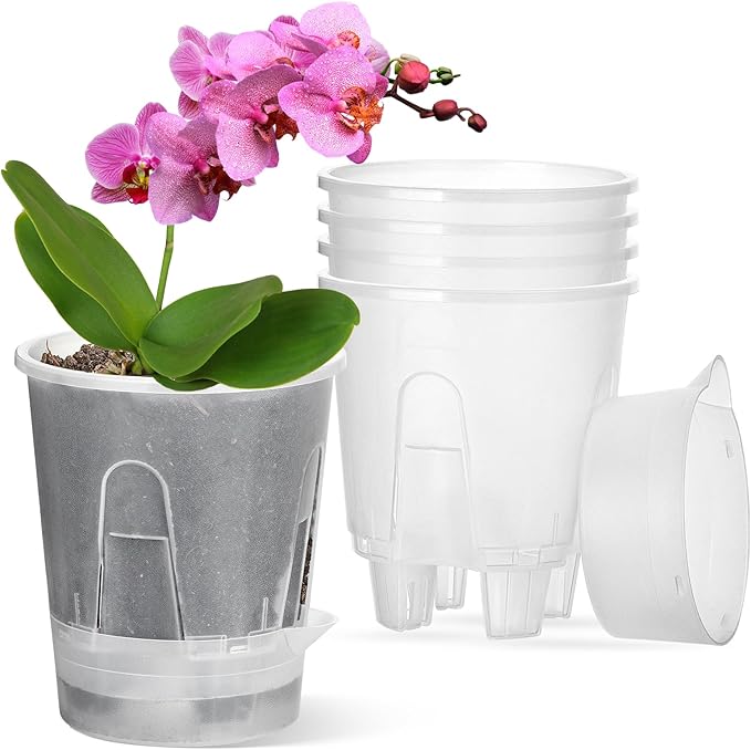 Plant Pots 6 inch Set of 5, Self Watering Pots for Indoor Outdoor, Upgraded Water Inlet Self Watering Planters Flower Pots with Drainage Hole and Clear Saucer Reservoir (Clear)