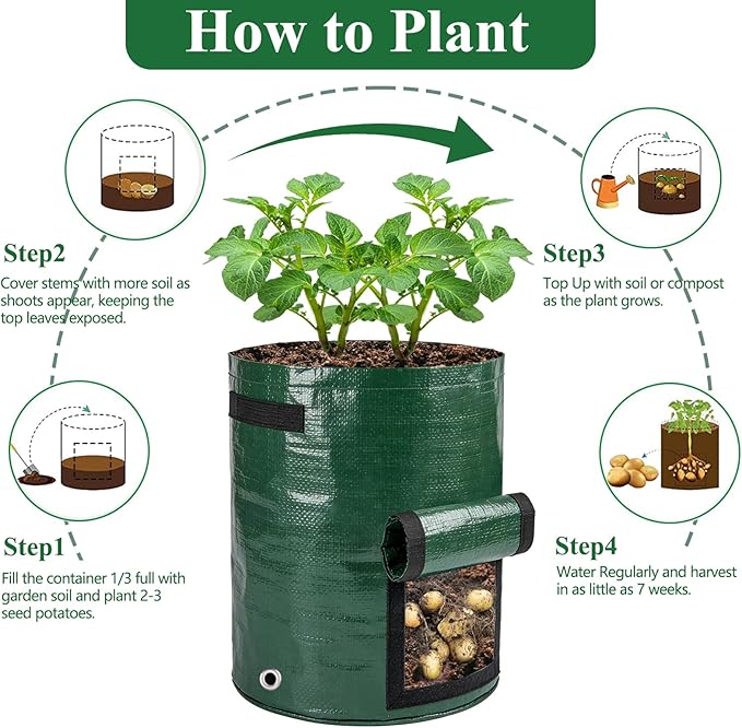 cyrico Potato Grow Bags, 10 Gallon 6 Pack Grow Bags for Potatoes with Flap Harvest Window and Handles, Sturdy PE Fabric Pots Potato Planter Garden Planting Bags for Onion Fruits Tomato Vegetables