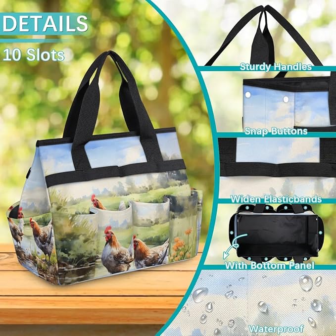 Garden Tool Bag Organizer Garden Tote Bag with Pockets Field Animal Rooster Tool Storage Organizer Gardening Tool Kit Holder 13" x 6.8" x 2.8"