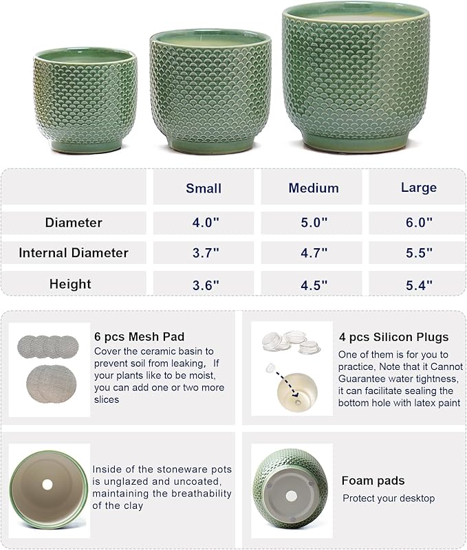 4 + 5 + 6 Inch Ceramic Pots for Indoor Plants, Succulents Plant Pots, Orchid Flower Pot with Drainage Hole, Modern Clay Stoneware Planters, Set of 3 (Green, 4+5+6 Inch)