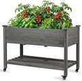 Raised Garden Bed with Lockable Wheels, 48x24x32 inch Elevated Wood Planter with Storage Shelf Protective Liner for Vegetable Flower Herb Outdoor Balcony Patio Backyard, Grey