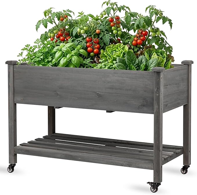 Raised Garden Bed with Lockable Wheels, 48x24x32 inch Elevated Wood Planter with Storage Shelf Protective Liner for Vegetable Flower Herb Outdoor Balcony Patio Backyard, Grey