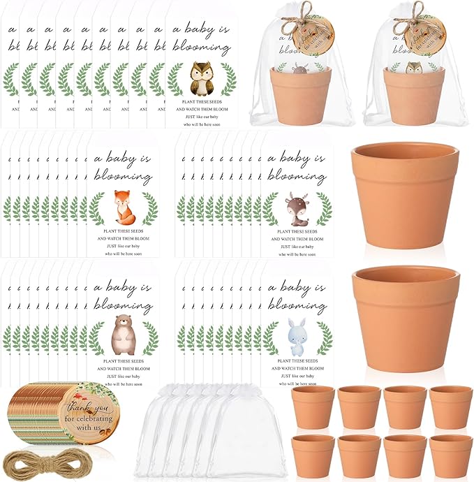 Ctosree 50 Sets Woodland Baby Shower Favors for Guests Baby Is Blooming Themed Seed Packets Include Self Adhesive Seed Packets Flowerpot Thank You Tags Organza Bags for Woodland Animal Party Favors