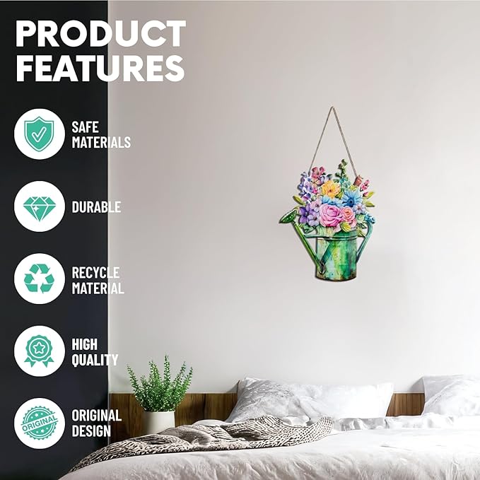 Quterhero Watering Can Flower Wall Decor, Metal Hanging Art for Indoor Outdoor Wall or Porch, Vintage Farmhouse Porch Decor Gift for Mom, Women, Friends(Cherry Blossom)