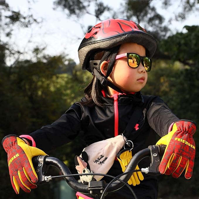Kids Leather Gardening Work Gloves, Safety Gloves, Reflective Breathable Design, for Children Gardening& Outdoor (Red, X-Small (1-2 Years Old))
