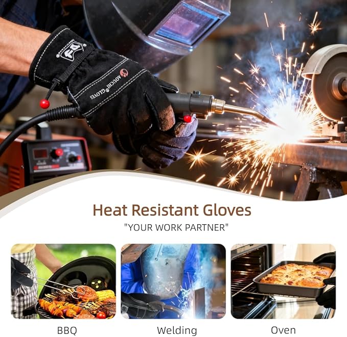 Leather Work Gloves for Women with Cotton Lining, Thorn Proof Cactus Gardening Yard Work Gloves for Rose Pruning, TIG/MIG Welding, Construction, Heat-Resistant for Cooking, BBQ (Black, Small)