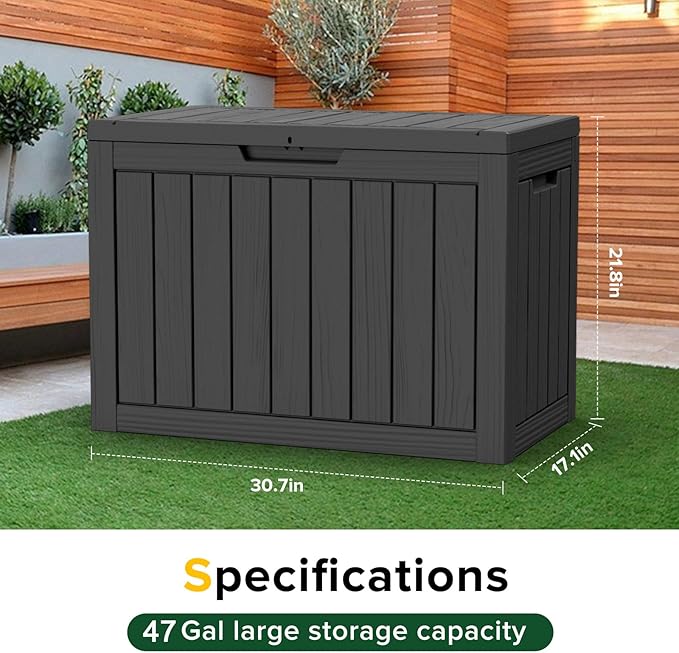 47 Gallon Resin Deck Box Outdoor Storage Box for Patio Furniture,Outdoor Cushions,Garden Tools and Pool Supplies,Waterproof,Lockable(Black,47Gallon)