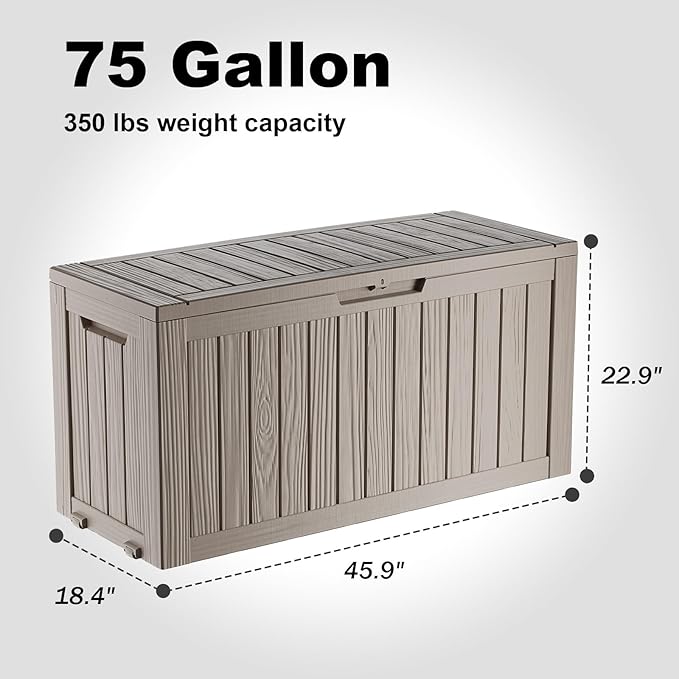 PatioZen 75 Gallon Large Deck Box,Resin Outdoor Storage Box with Lockable for Patio Furniture, Pool Accessories, Garden Tools Waterproof Outside Storage Box, Grey