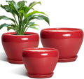 Ceramic Plant Pots, 10+8+6 Inch Ceramic Planters with Drainage Holes and Saucers, Round Decorative Pots for Plants Indoor Outdoor, House Decor, Gifts for Plant Lovers, Set of 3, Bright Red