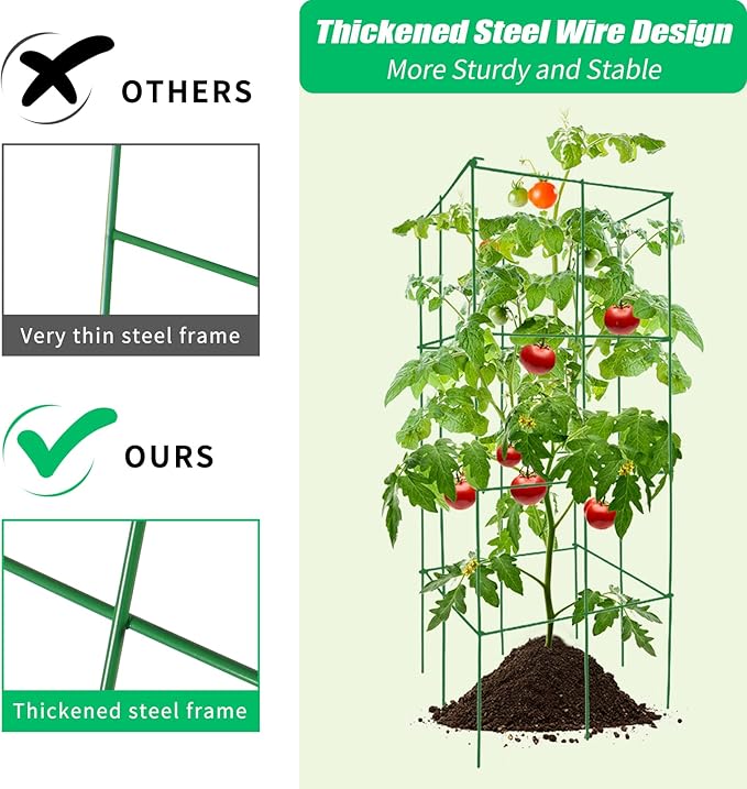 DoCred 4 Pack Tomato Cage, Folding Tomato Cage Heavy Duty Metal Square Tomato Cages Coated Steel Garden Plant Support Stake Tower for Climbing Vegetables, Plants, Flowers, Steel Green