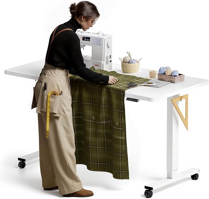 FLEXISPOT Electric Adjustable Workbench, 55x28 Inches Ergonomic Worktable with Wheels for Garage, Workshop, Office and Home, Spacious Desktop for Woodworking Sewing and Crafts, White, 3 Packages