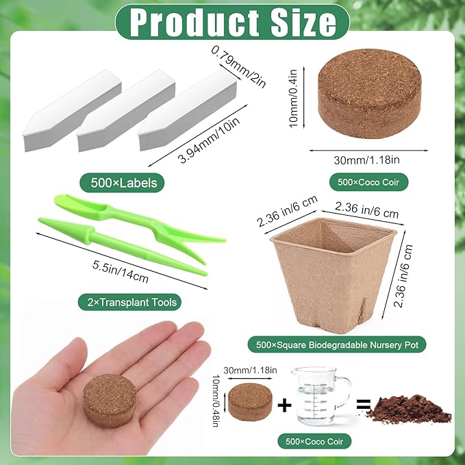 500 Sets Seedling Starter Kit with Square Peat Pots 2.36", Organic Coco Coir Pellets 30 mm, Labels, & Transplant Tools, Biodegradable Nursery Pot with Drainage Hole Potting Soil for Plant