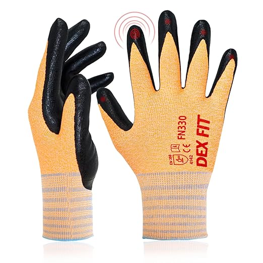 DEX FIT Nitrile Work Gloves FN330, 1 Pair, 3D-Comfort Stretchy Fit, Firm Grip, Thin & Lightweight, Touch-Screen Compatible, Durable, Breathable & Cool, Machine Washable; Orange XS (6)