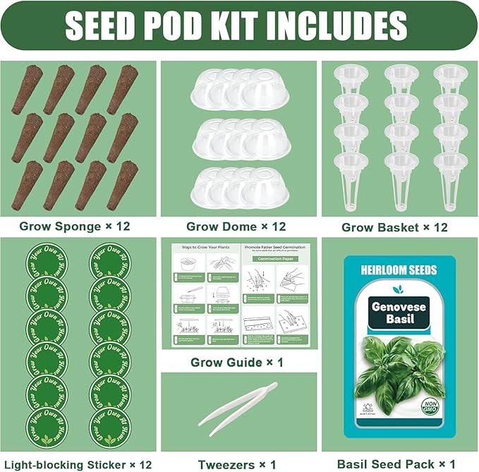 Basil Seed Pods for AeroGarden - 12 Hydroponic Refill Herb Pods with Seeds of Genovese Basil for Most Hydroponic Systems of Ahopegarden, GARDENCUBE, iDOO, and URUQ, Grow Your Own Herb Garden at Home
