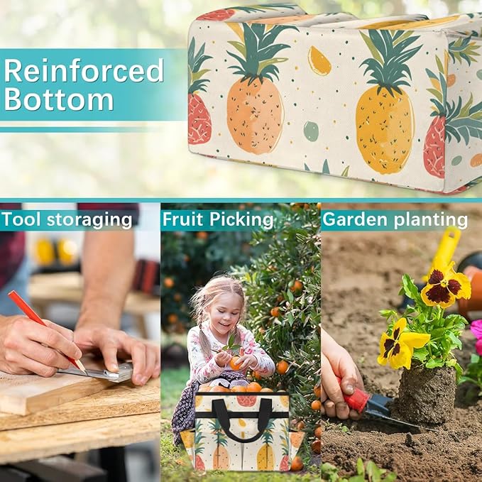 Garden Tool Bag Organizer Garden Tote Bag with Pockets Watercolor Fruit Pineapple Tool Storage Organizer Gardening Tool Kit Holder 13" x 6.8" x 2.8"