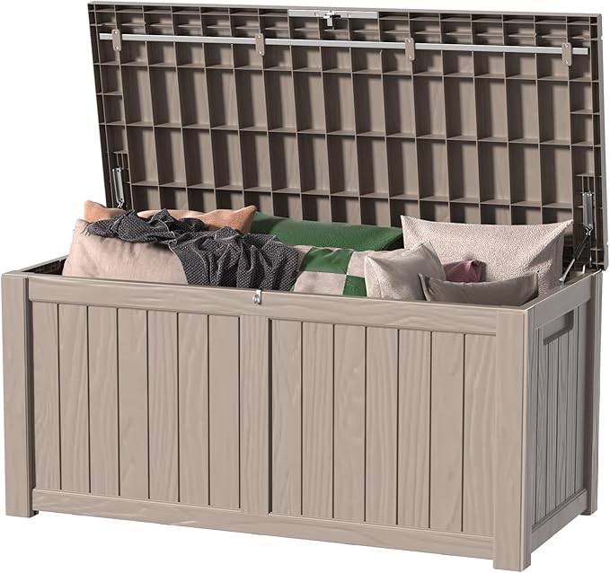 ROJIK 150 Gallon Waterproof Outdoor Deck Storage Box, Lockable Resin Patio Storage Bin with Lid for Garden Tools, Patio Cushions & Outdoor Accessories(Grey)