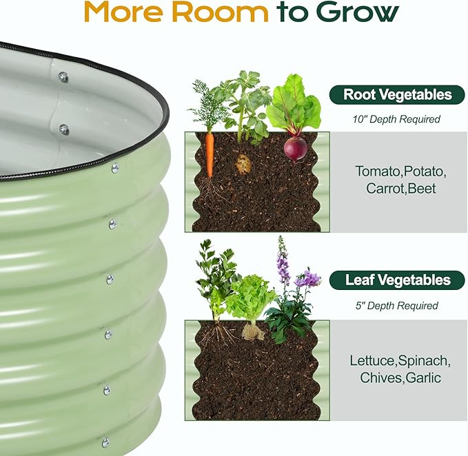 Aoodor 17" Tall Oval Galvanized Raised Garden Bed Kit, 4-in-1 Large Metal Outdoor Planter Box for Vegetables, Flowers, and Herbs, 5 x 2 x 1.5 Ft, Olive Green