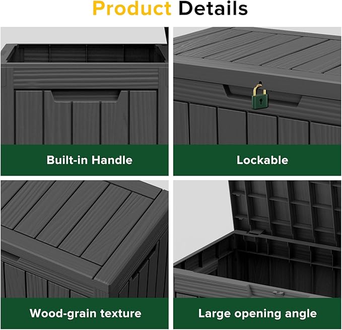 Waterproof Outdoor Storage Box, 45 Gallon Lockable Deck Box, UV-Resistant Outside Storage Bin With Hydraulic Lid For Patio Furniture, Cushion Organizer, Garden Tools, Pool Accessories, Black